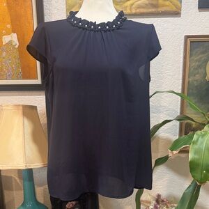 Karl Lagerfeld Paris Navy Blouse with Pearl Accents